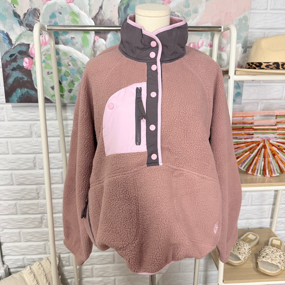 Free People New Hit The Slopes Colorblock Fleece Pullover Mocha / Pink - Picture 2 of 4